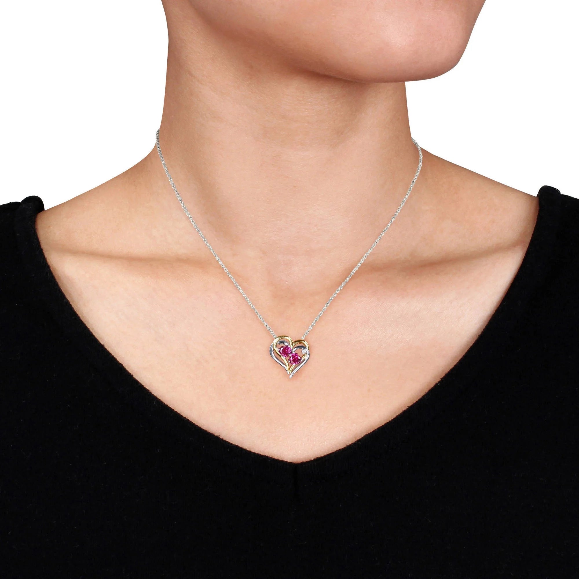 18 in. Created Ruby & Diamond Accent Silver Double Heart Pendant with Chain V873