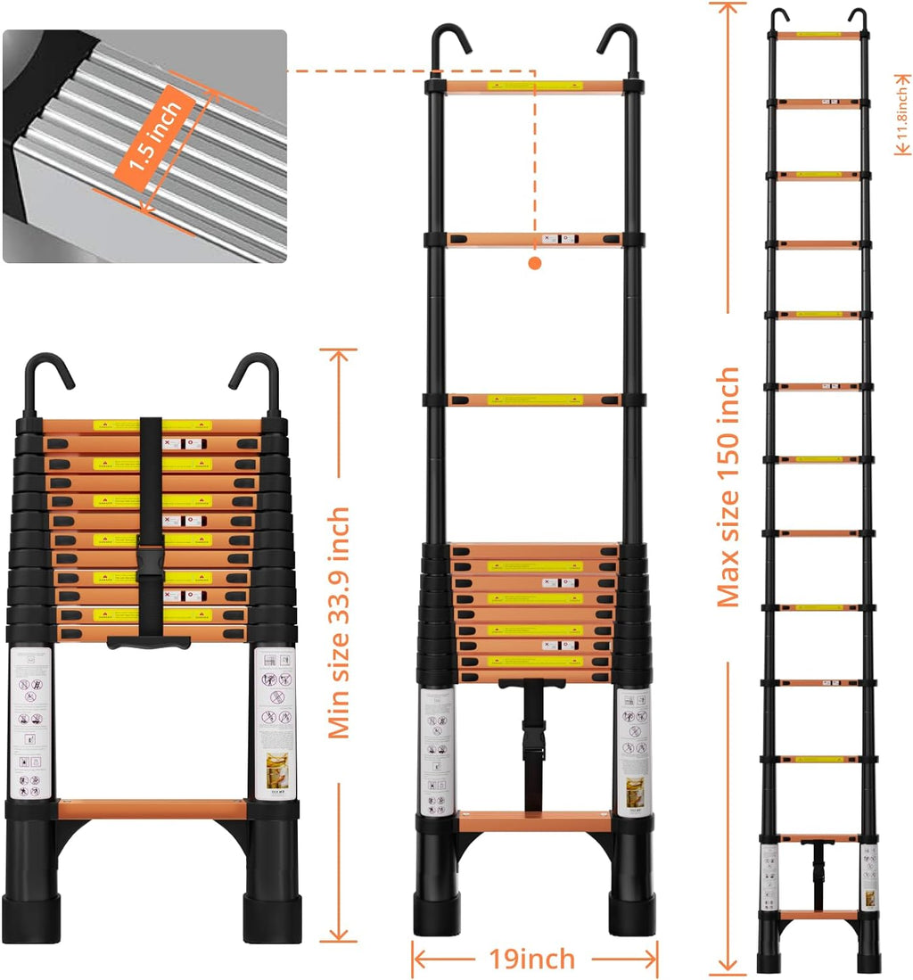 12.5FT Aluminum Telescoping Extension Ladder with Hooks & Stabilizers K285288
