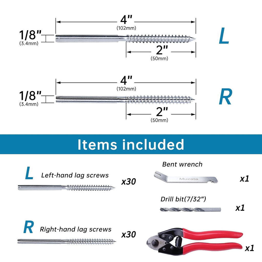50Pack 1/8 Swage Lag Screws Left & Right Cable Railing Hardware Kit T316 Stainless Steel H3081