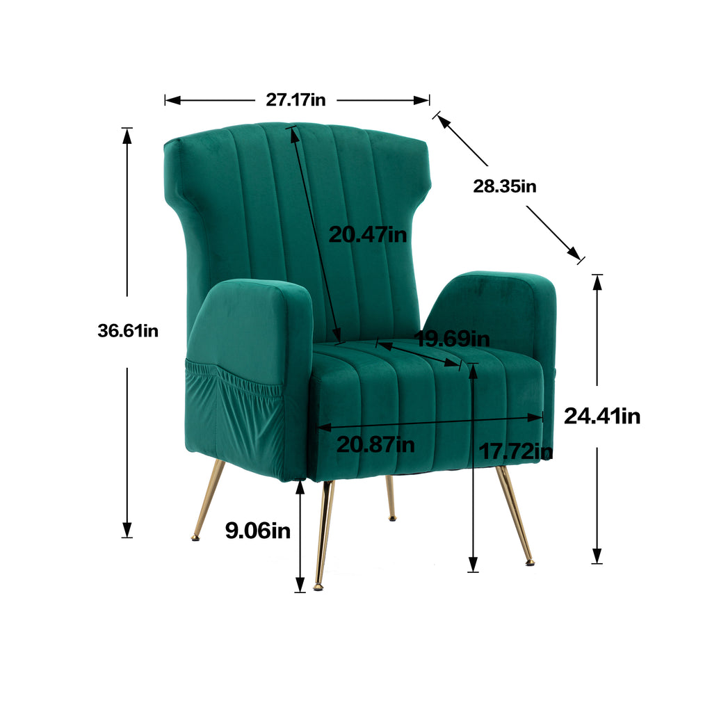 Green Velvet Wingback Accent Chair with Metal Legs J236