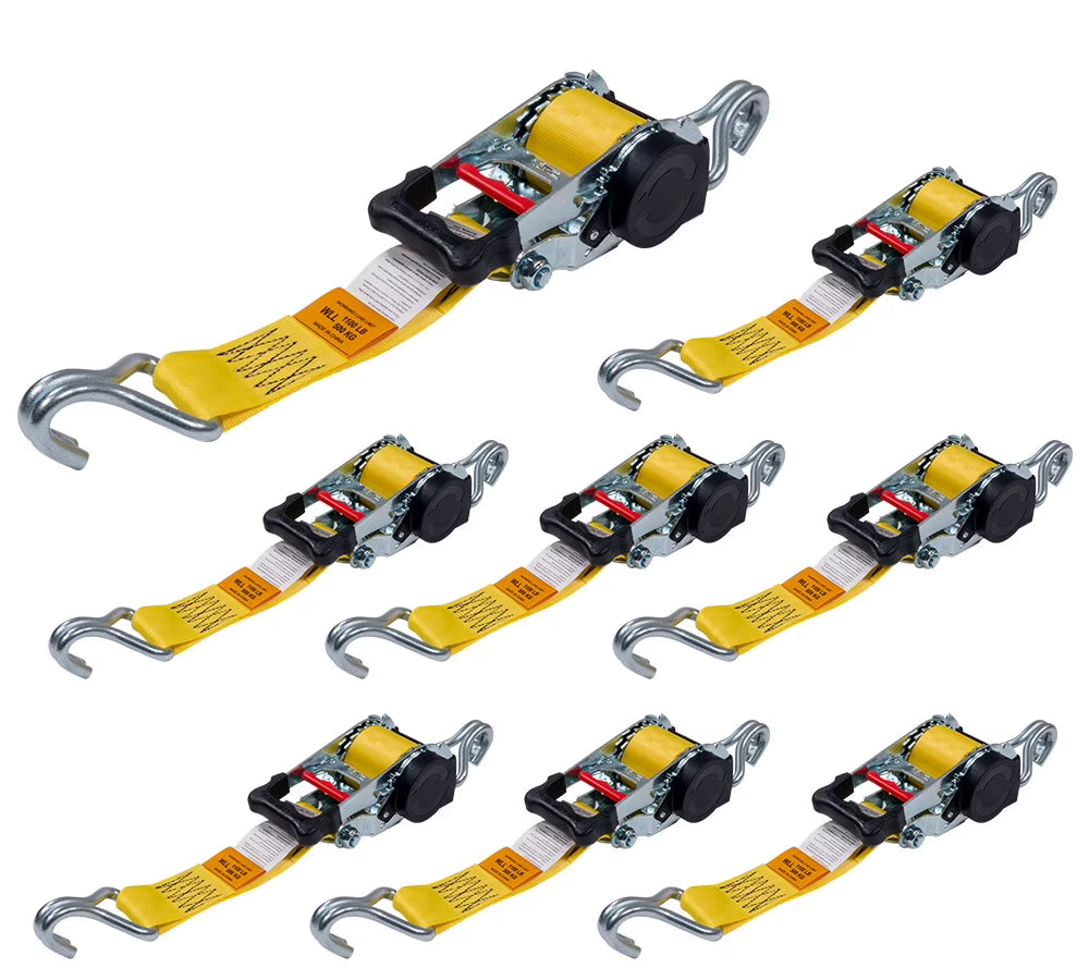 8 Pack 2" x 10' Retractable Ratchet Straps with Double J-Hook, 3,300 lbs Breaking Strength, Yellow U96539