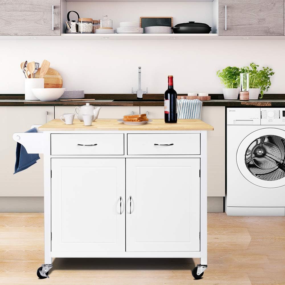 Antique White Rolling Kitchen Cart with Wood Top G53582