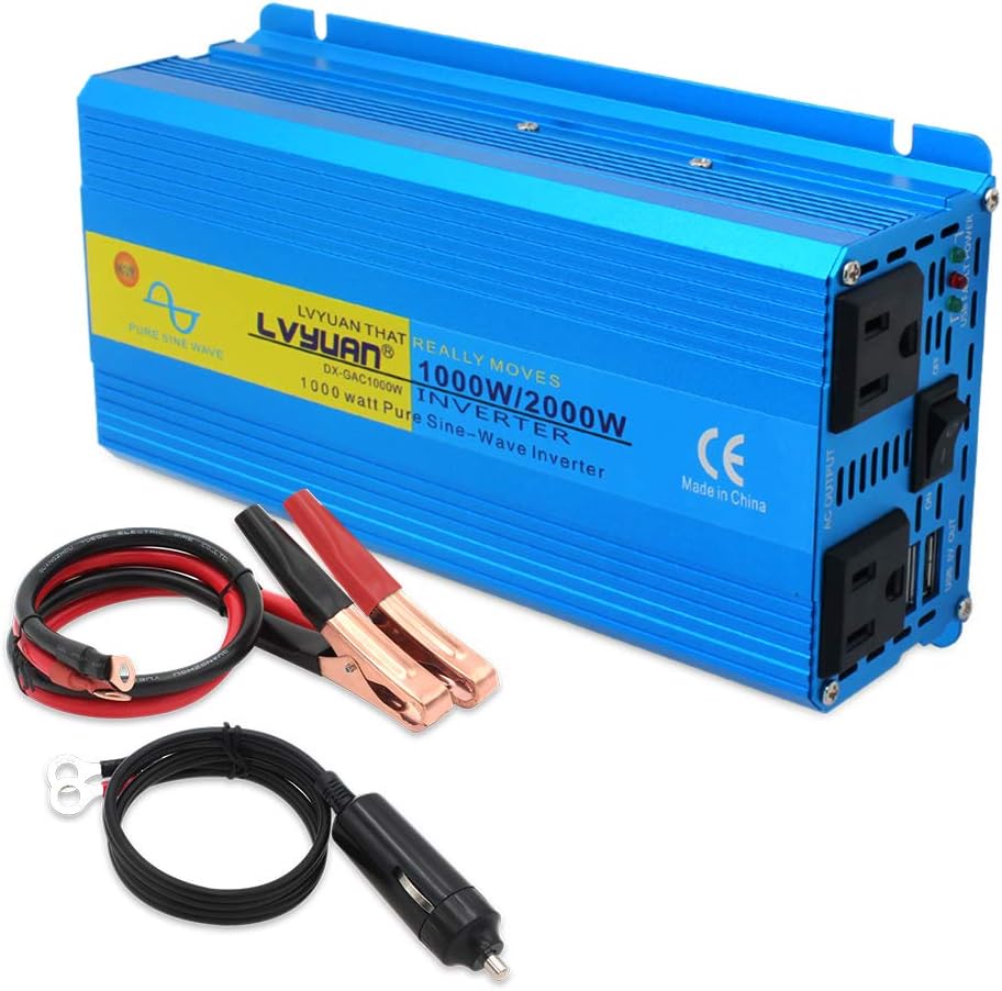1000W Pure Sine Wave Power Inverter DC 12V to 110V AC Converter with Dual AC Outlets and Dual 3.1A USB Car Charger Z4824