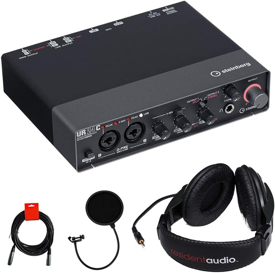 2x4 USB Audio Interface with Headphones, Pop Filter & XLR Cable Bundle E2798