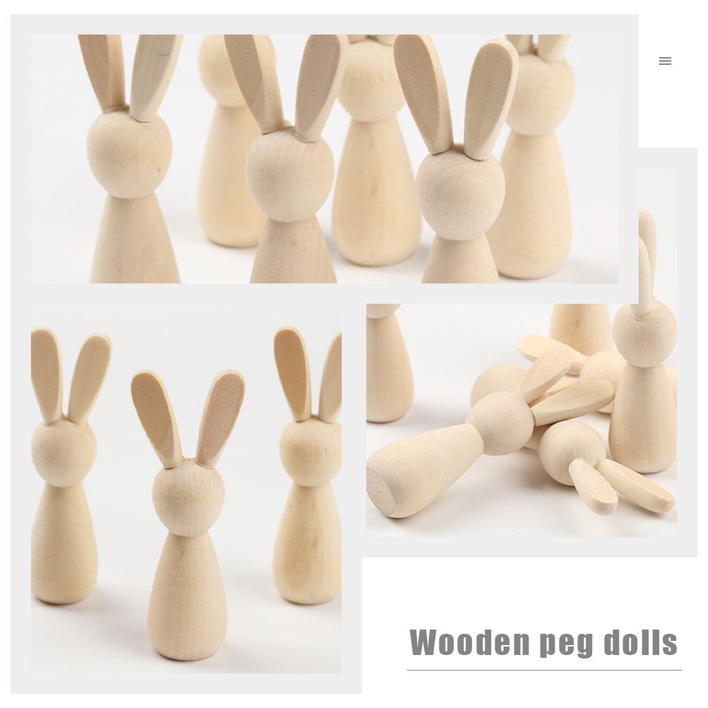 6Pcs Unpainted Natural Wooden Bunny Dolls K45564
