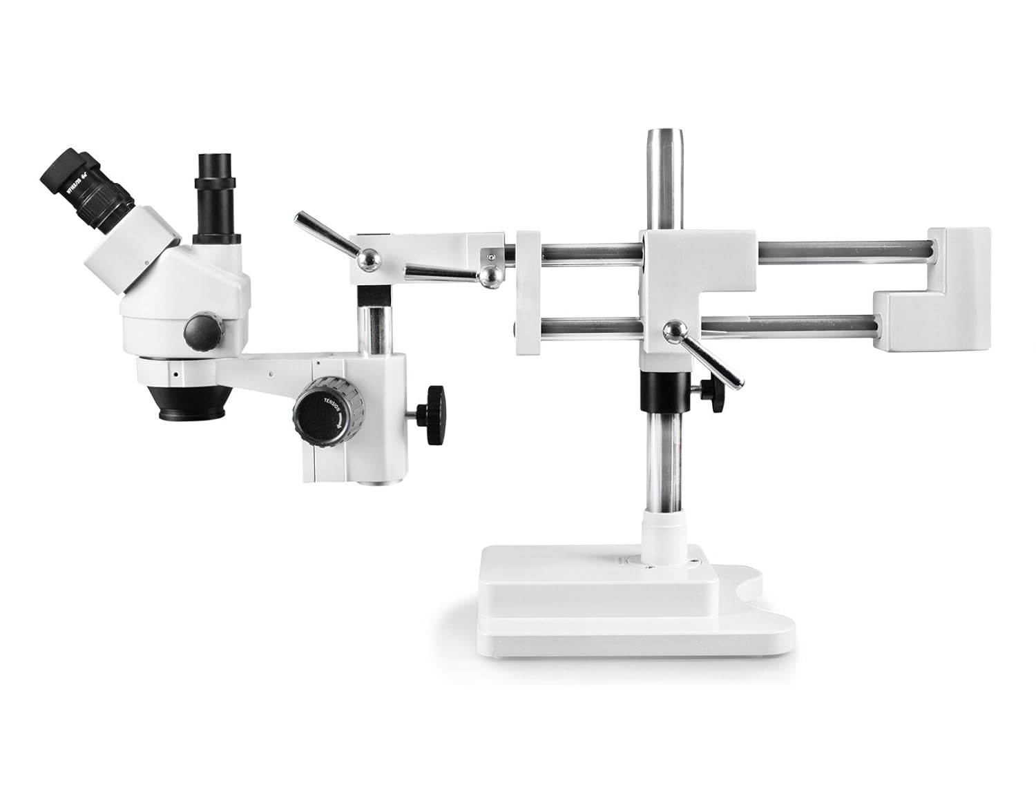 Trinocular Zoom Stereo Microscope with 10x Widefield Eyepiece, 0.7X—4.5X Zoom Range, 7X—45x Magnification Range, Double Arm Boom Stand V55855