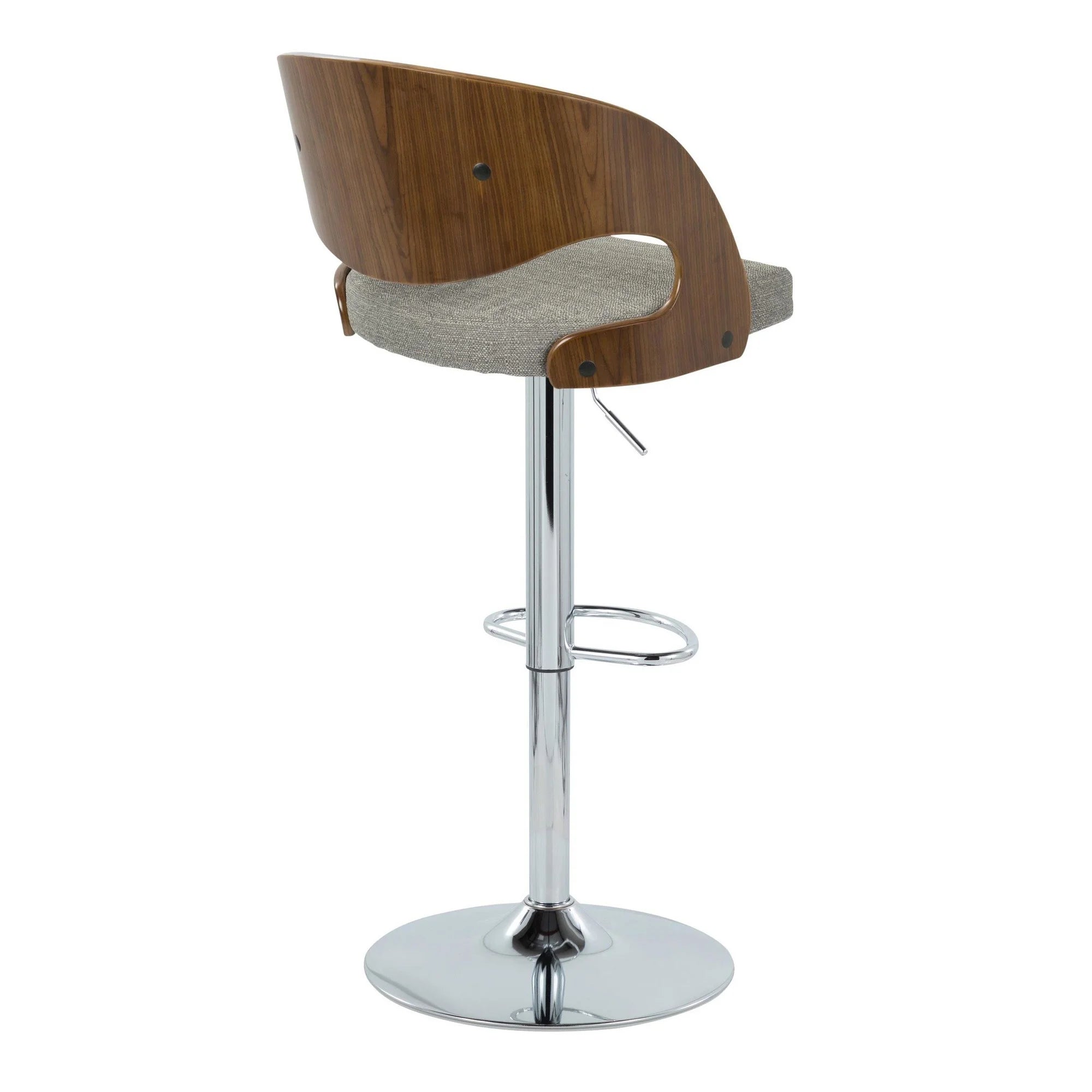 Chrome Metal Walnut Wood Grey Fabric Adjustable Swivel Barstool Set of 2 Q901