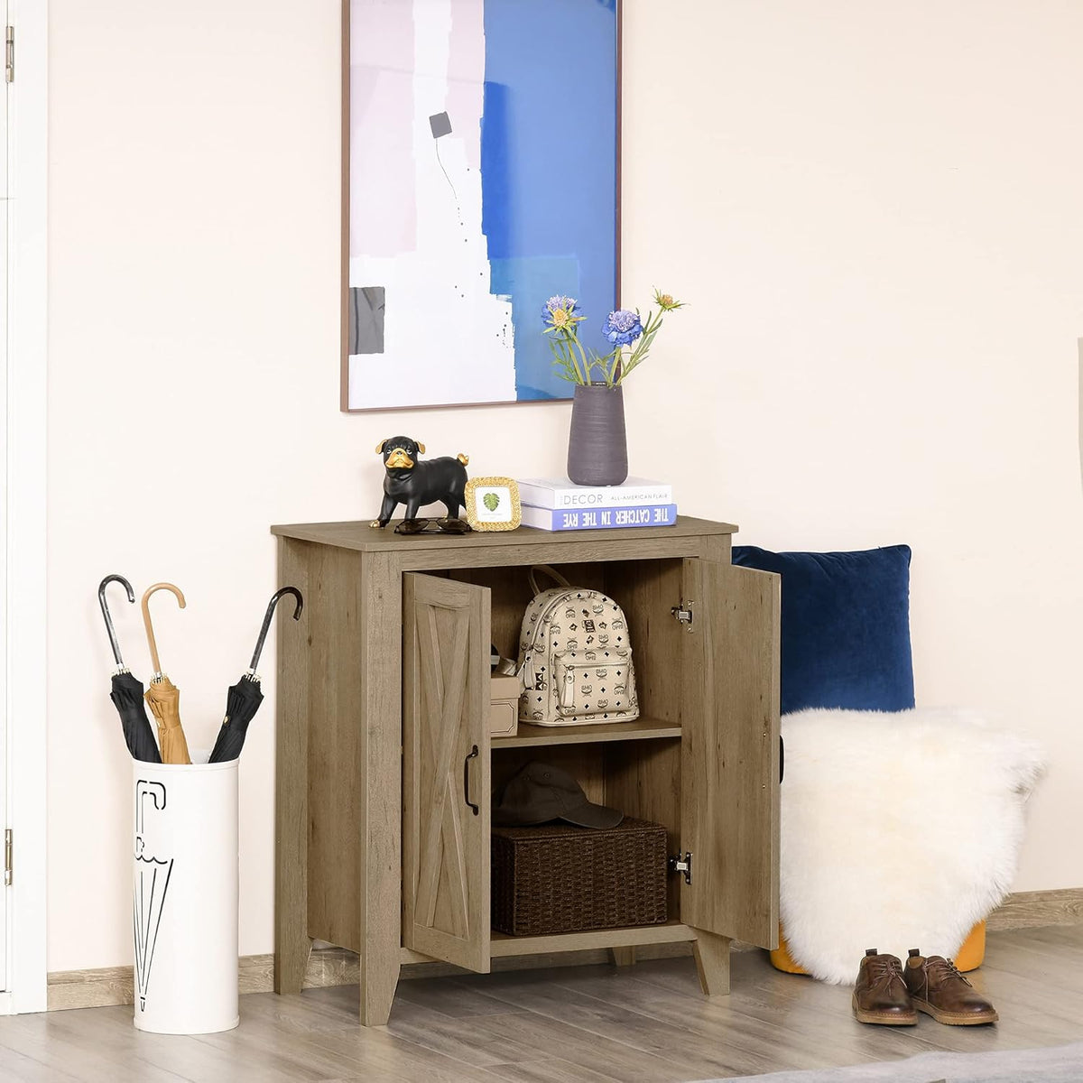 Rustic Oak Finish Sideboard Accent Storage Cabinet with Double Barn Doors and Fixed Shelf E595