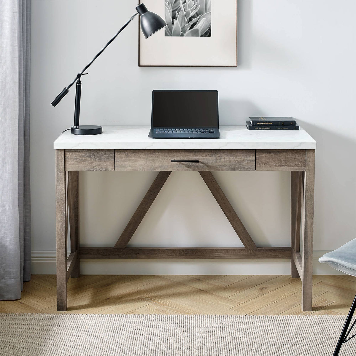 Gray Wash Faux White Marble 1 Drawer Writing Desk Y174650