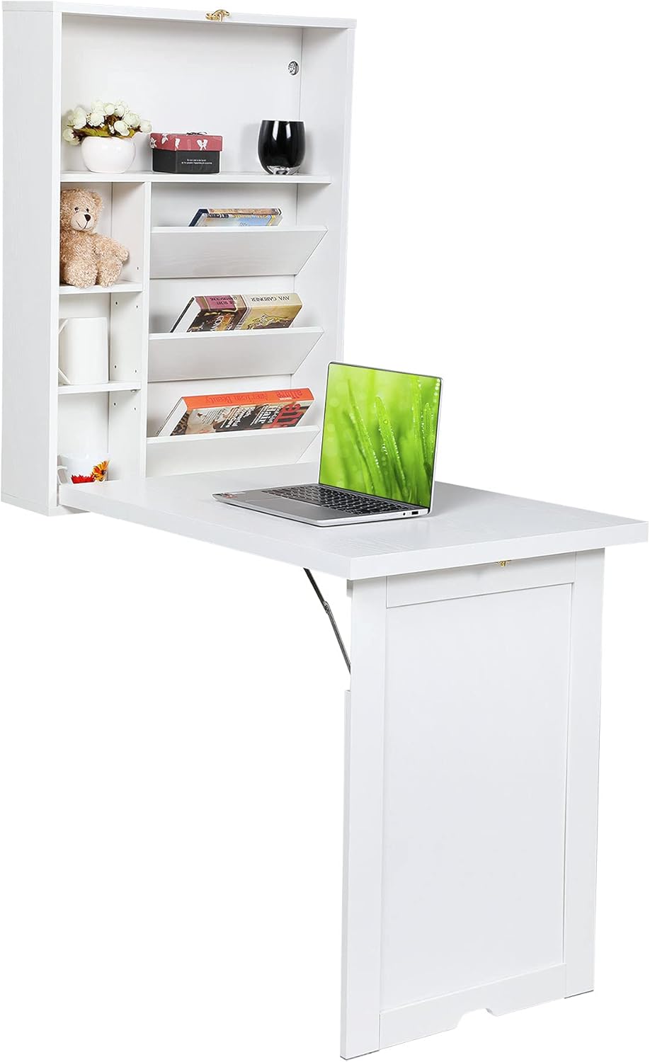Wall Mounted Desk Fold Down Table Craft Cabinet with Storage Shelves L266