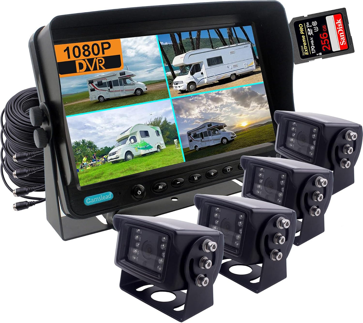 7 inch 1080P Wired Rear View Camera System with DVR Recorder, 4 Channel Input, Quad Split Screen L5945