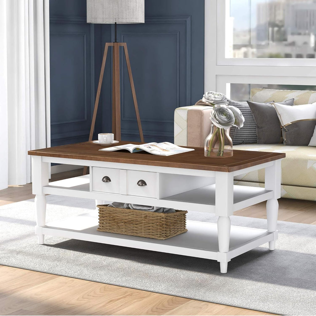 Retro Cocktail Table Coffee, Solid Wood Coffee Table with Caster Wheels and Drawer, 1 Shelf, Wood Movable Rectangle Coffee Table D855250