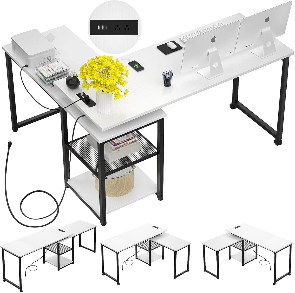 L Shaped Desk with Outlets and USB Ports, 71 Inch, Gray R3058