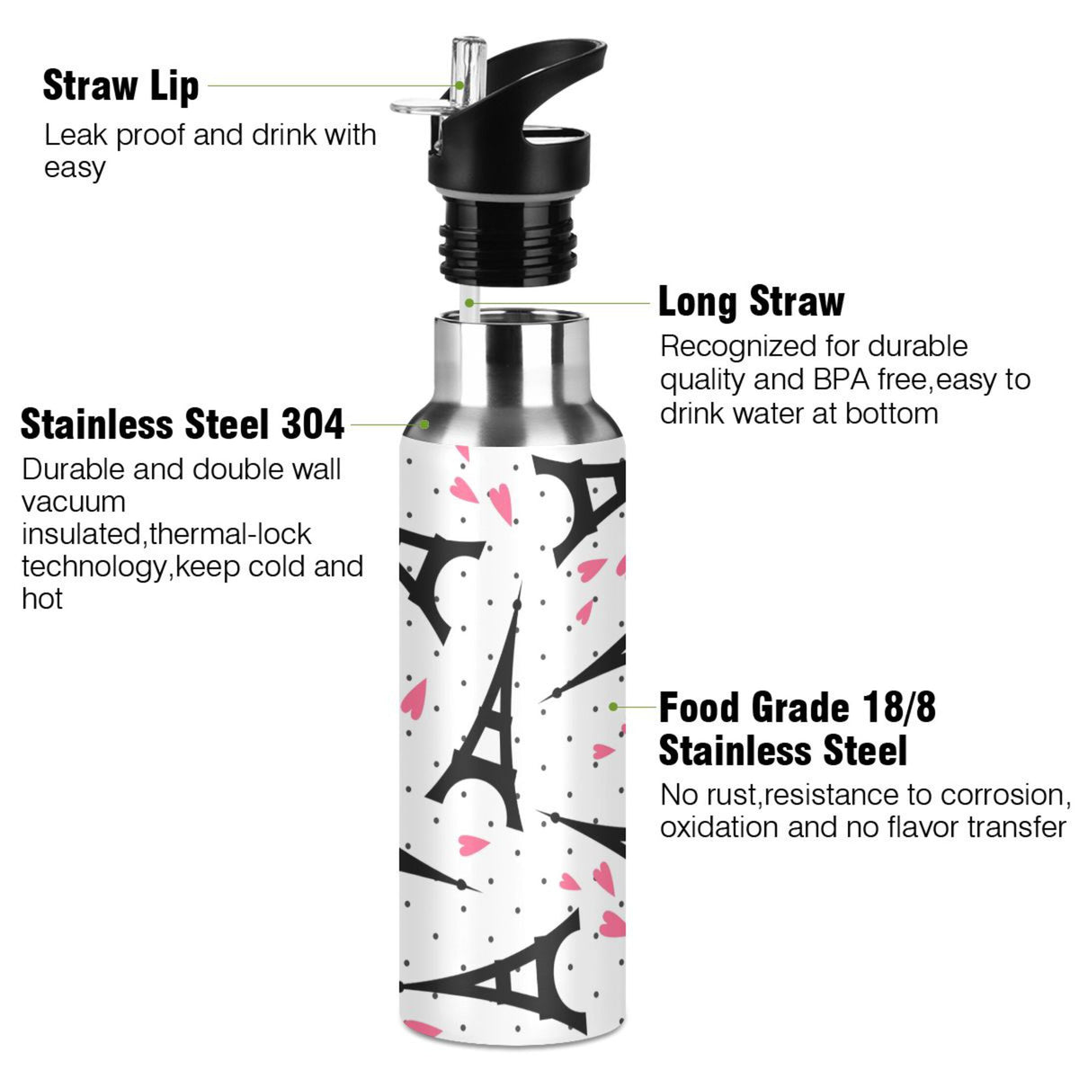 Stainless Steel Insulated Vacuum Flask Water Bottle with Straw Lid F955