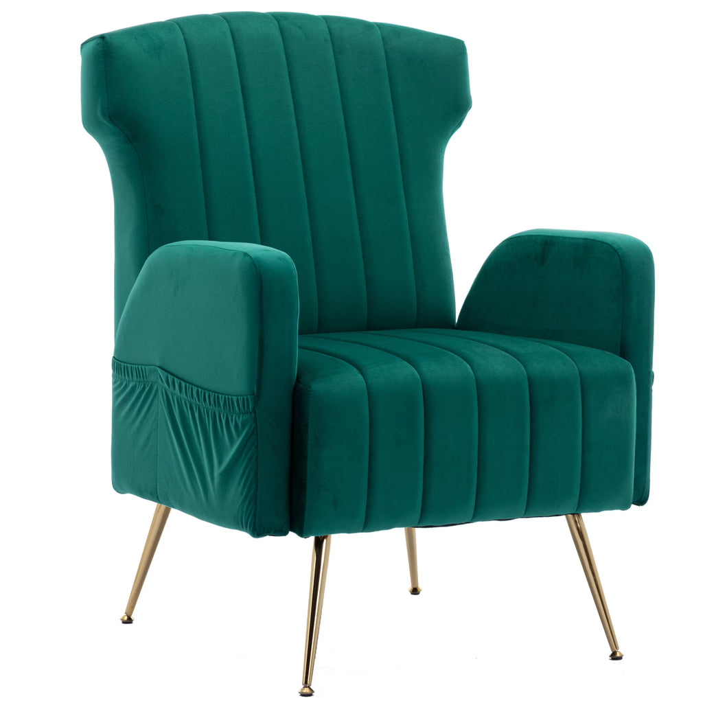 Green Velvet Wingback Accent Chair with Metal Legs J236