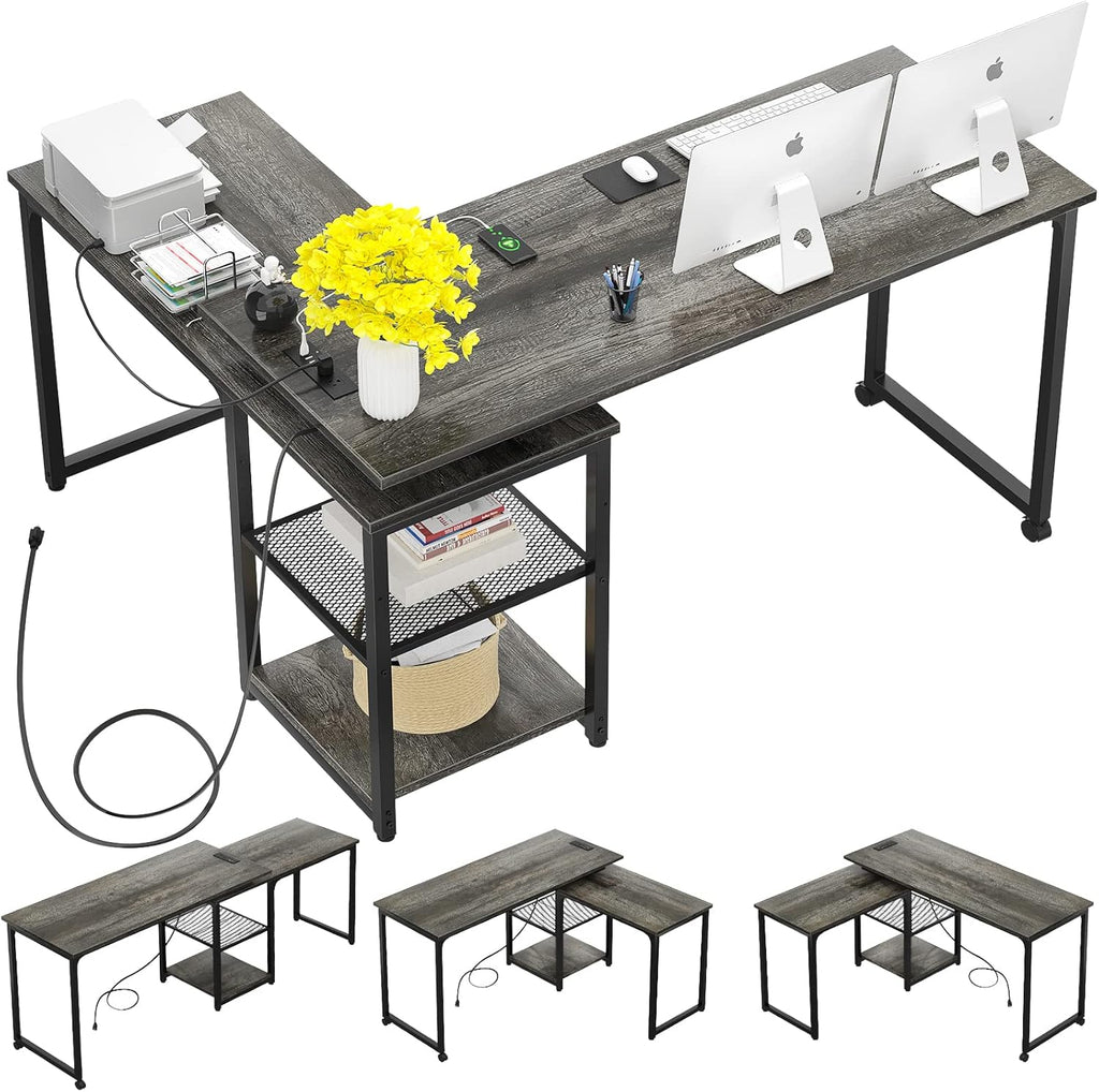 L Shaped Desk with Outlets and USB Ports, 71 Inch, Gray R3058