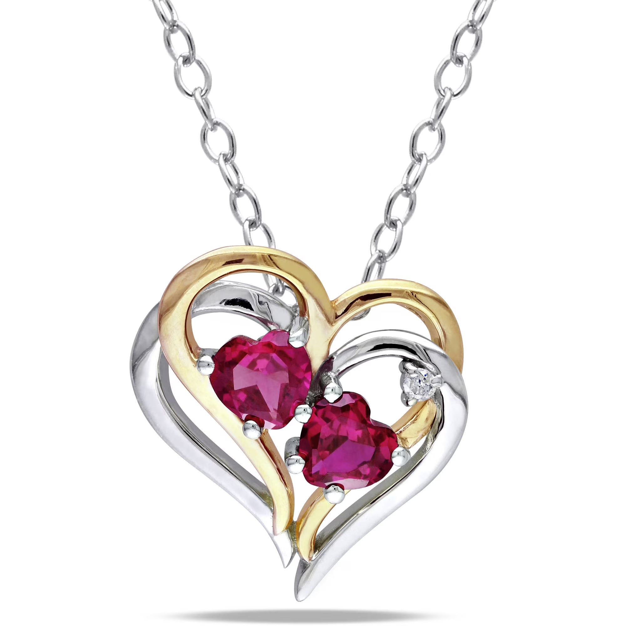 18 in. Created Ruby & Diamond Accent Silver Double Heart Pendant with Chain V873