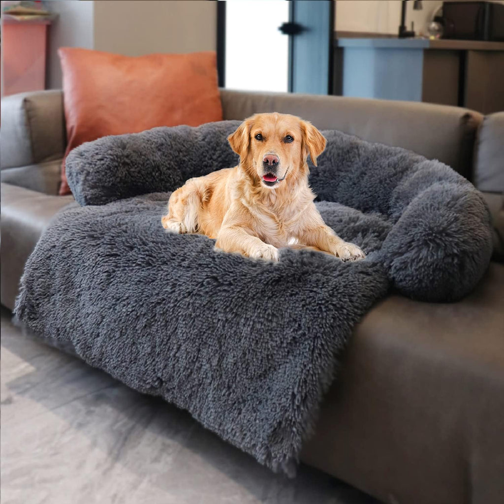 Dark Grey Large Plush Dog Sofa with Neck Bolster Q913294