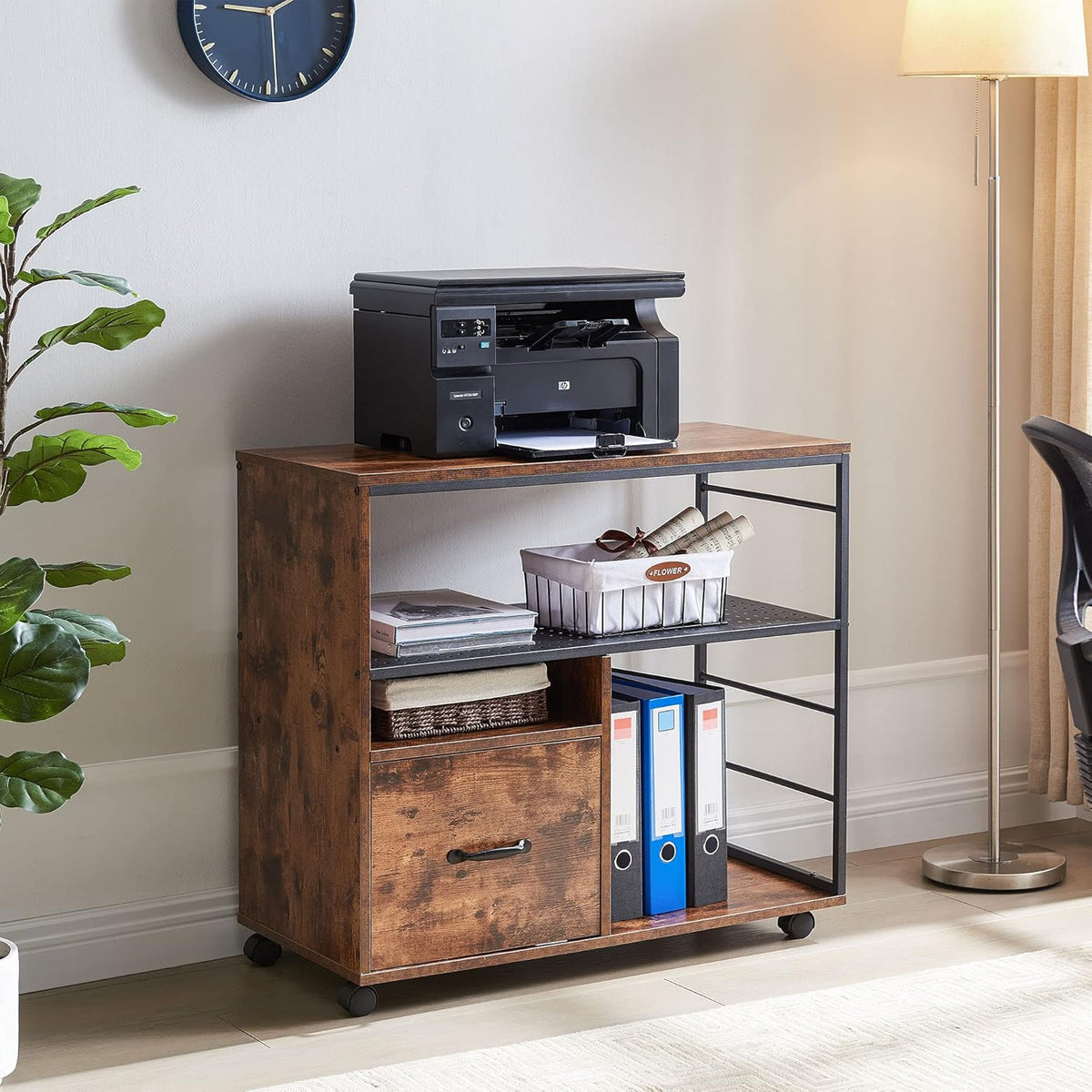 Industrial File Cabinet with Drawer, Printer Stand with Open Storage Shelves, Filing Cabinet with Wheels, Rustic Brown M750