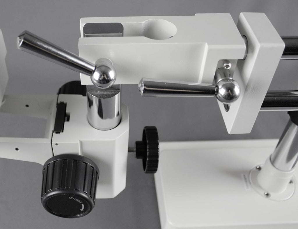 Trinocular Zoom Stereo Microscope with 10x Widefield Eyepiece, 0.7X—4.5X Zoom Range, 7X—45x Magnification Range, Double Arm Boom Stand V55855