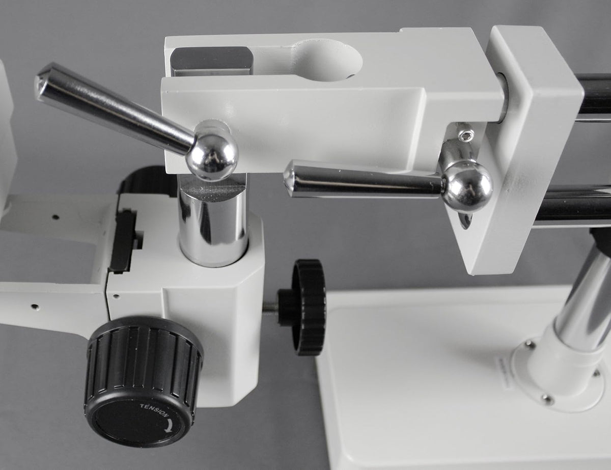 Trinocular Zoom Stereo Microscope with 10x Widefield Eyepiece, 0.7X—4.5X Zoom Range, 7X—45x Magnification Range, Double Arm Boom Stand V55855