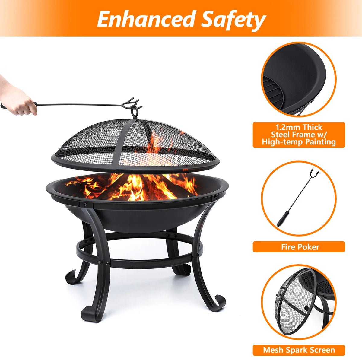 22 inch Portable Wood Burning Fire Pit Bowl with Spark Screen, Log Grate, Poker U2904