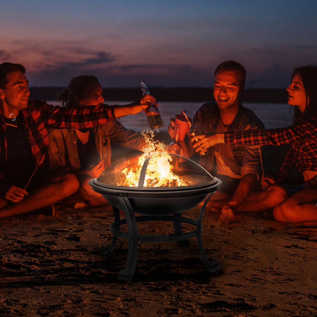 22 inch Portable Wood Burning Fire Pit Bowl with Spark Screen, Log Grate, Poker U2904