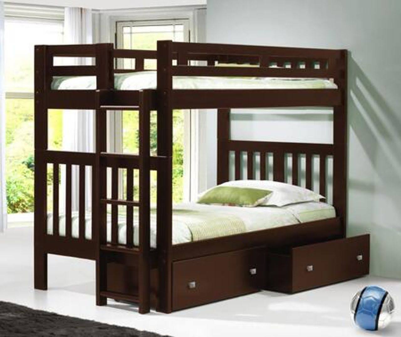 Twin/Twin Mission Bunk Bed with Dual Underbed Drawers in Cappuccino T8250