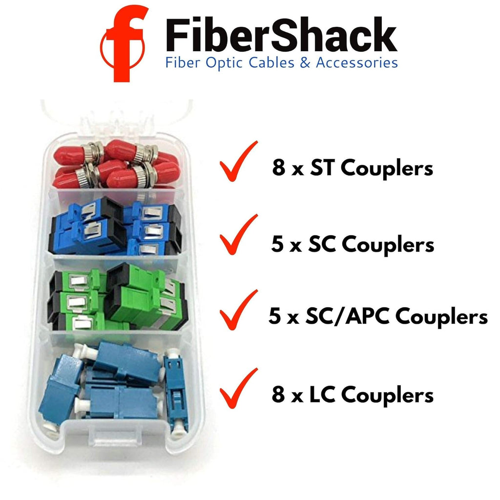 Fiber Optic Coupler Kit, 4 Styles with 26 Couplers for Single-Mode & Multi-Mode Patch Cords J8512