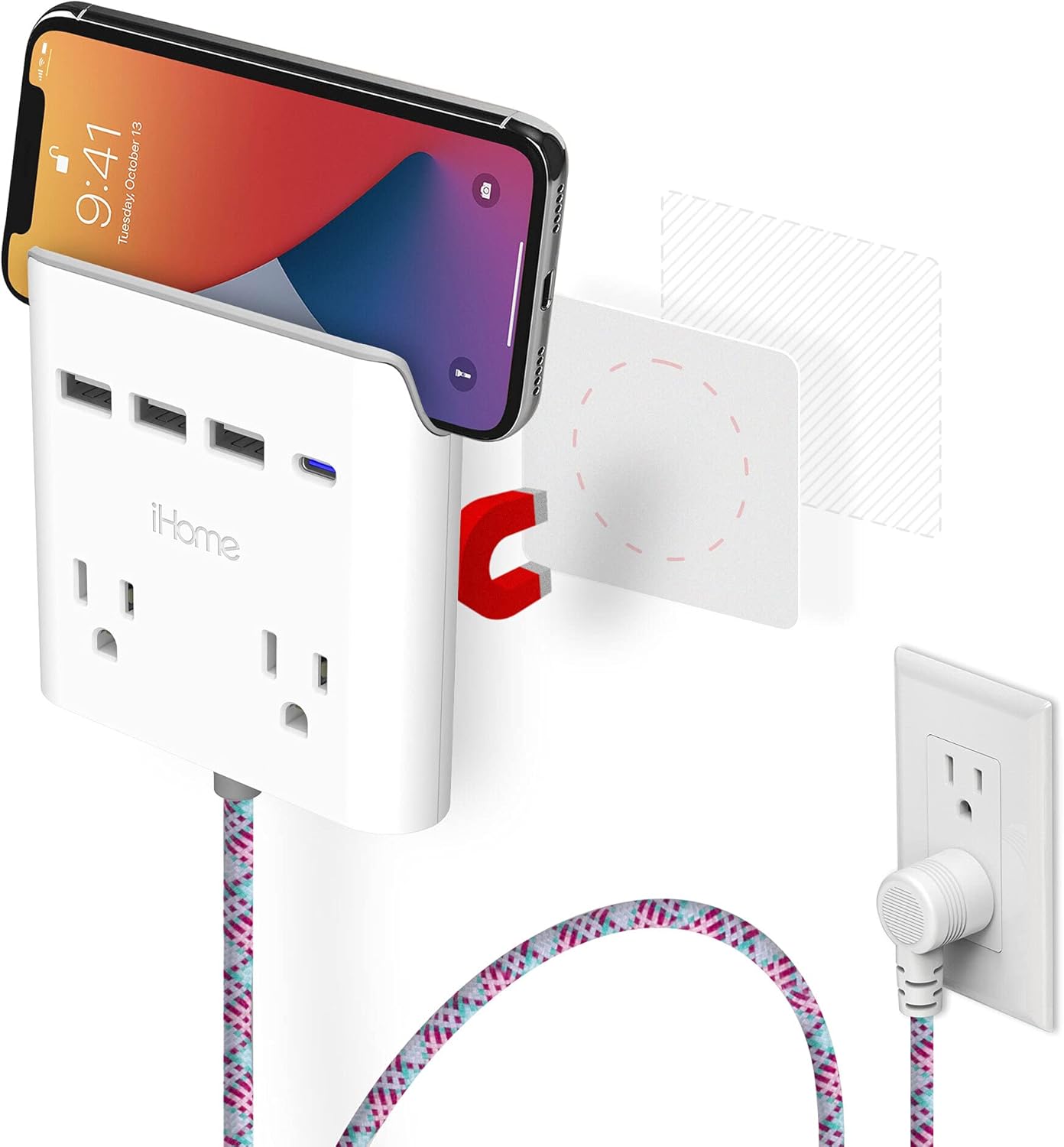 2 Outlets 4-Port USB Wall Charger with 6 Ft Extension Cord, Pack of 2 B26633
