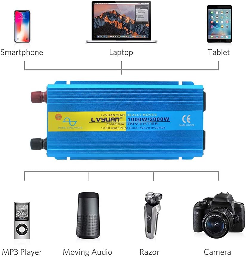 1000W Pure Sine Wave Power Inverter DC 12V to 110V AC Converter with Dual AC Outlets and Dual 3.1A USB Car Charger Z4824