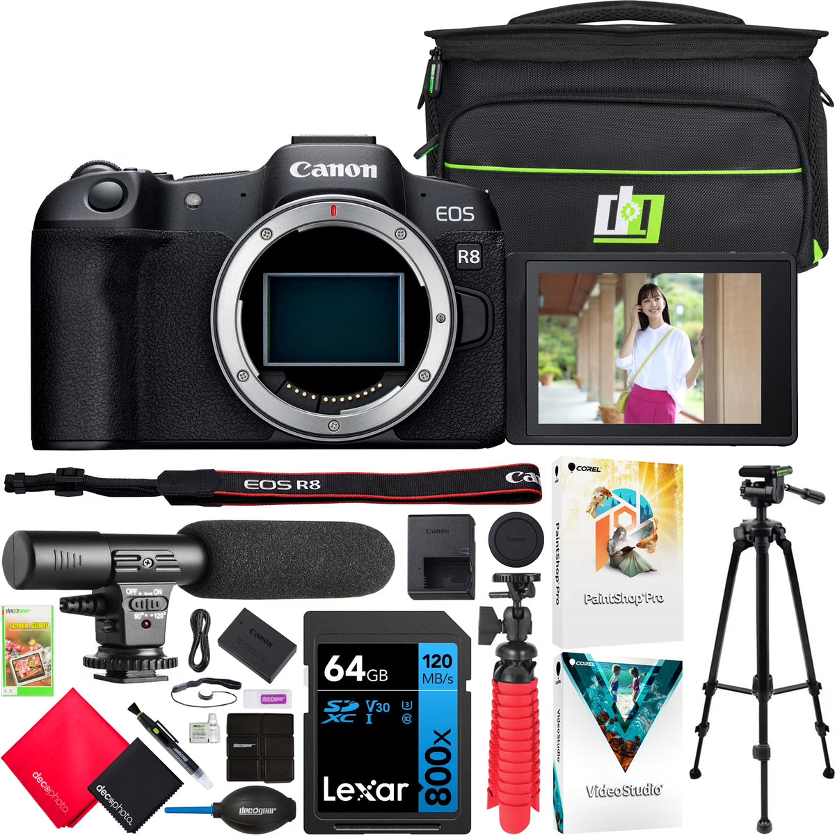 Canon EOS R8 Full Frame Mirrorless Interchangeable Lens Camera Body with Photography Bag, Microphone, Tripod, Software & Accessories Kit F598