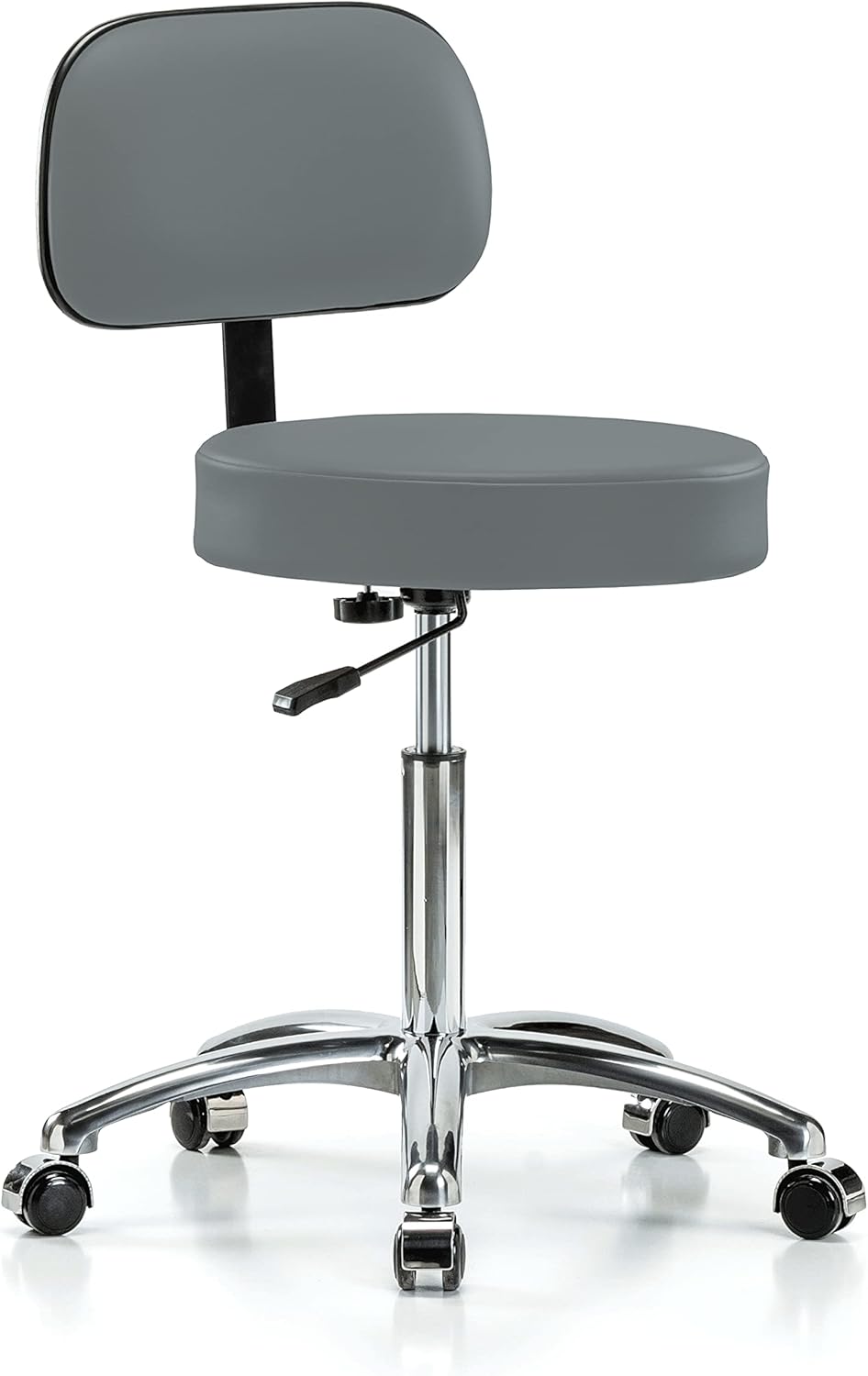 Chrome Rolling Height Adjustable Exam Stool with Back and Footring (Cinder Fabric) A24687