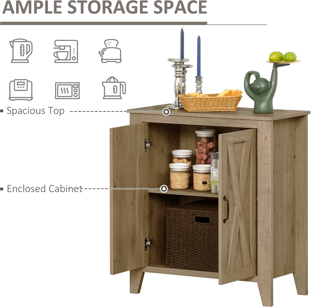 Rustic Oak Finish Sideboard Accent Storage Cabinet with Double Barn Doors and Fixed Shelf E595