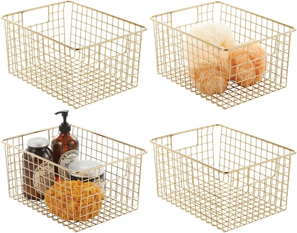 Farmhouse Metal Wire Bathroom Organizer Storage Bin Baskets - 4 Pack - Soft Brass M834