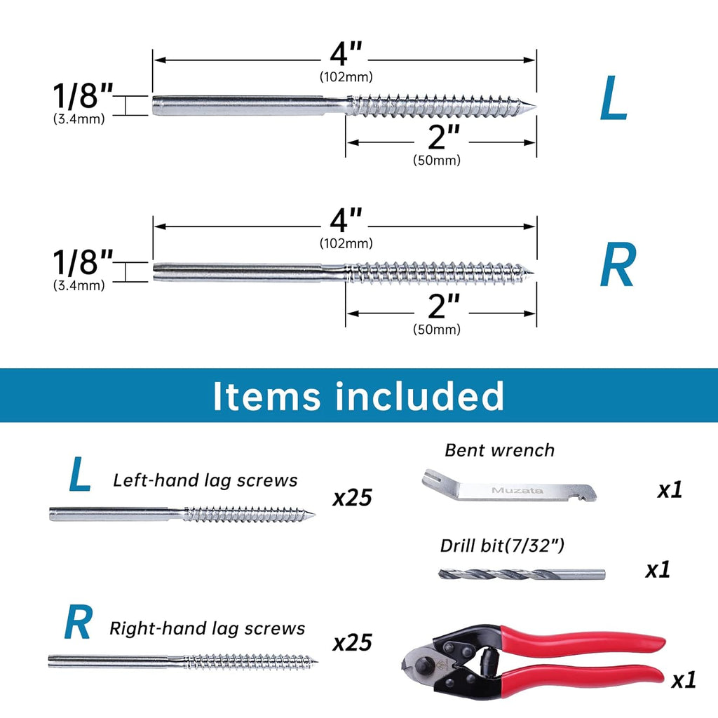 50Pack 1/8 Swage Lag Screws Left & Right Cable Railing Hardware Kit T316 Stainless Steel H3081