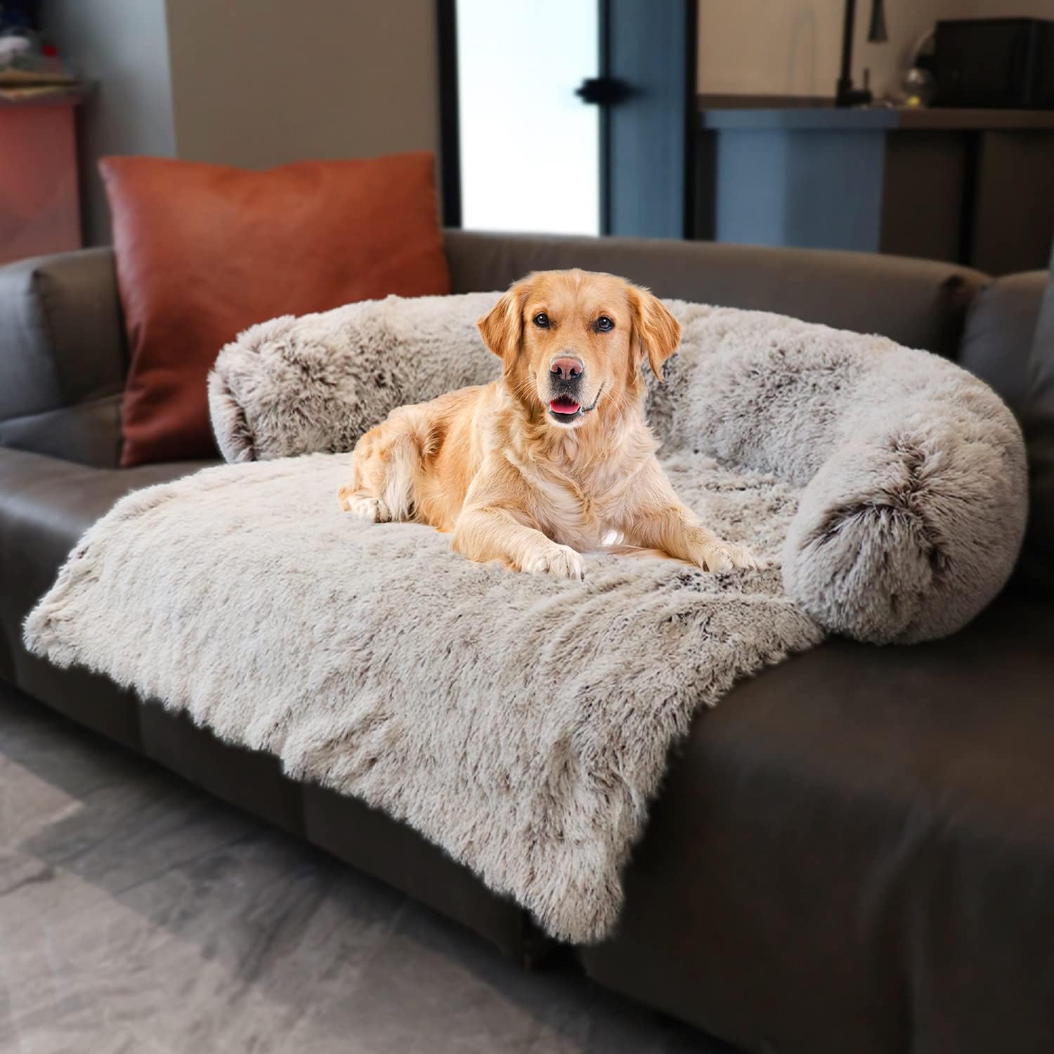 Dark Grey Large Plush Dog Sofa with Neck Bolster Q913294