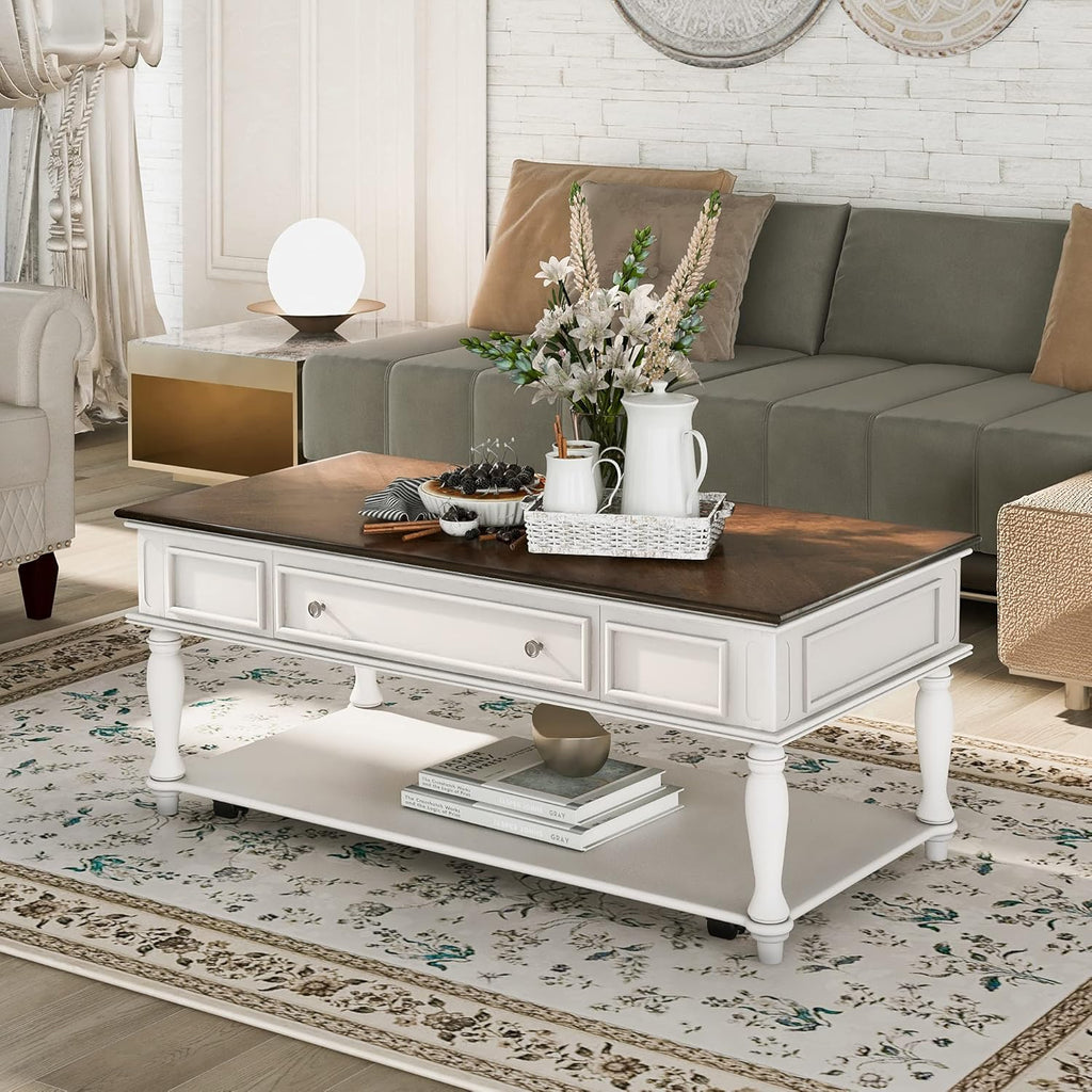 Retro Cocktail Table Coffee, Solid Wood Coffee Table with Caster Wheels and Drawer, 1 Shelf, Wood Movable Rectangle Coffee Table D855250